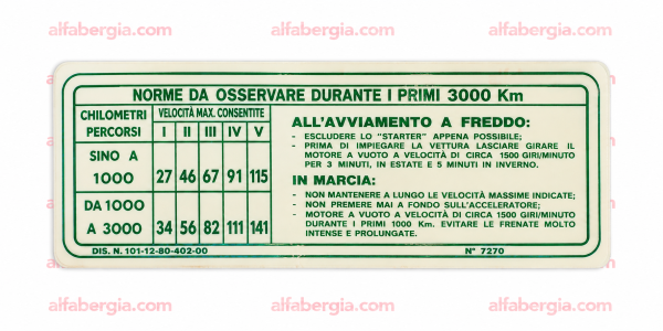 Adesivo velocità in rodaggio per vetture 1600