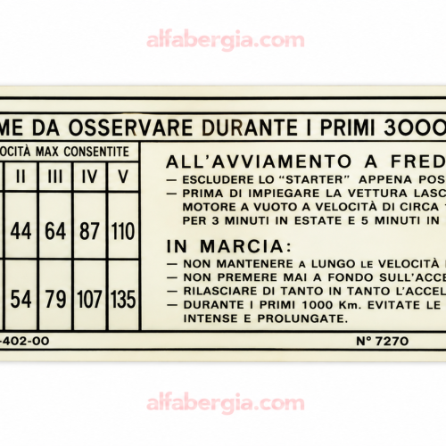 Adesivo velocità in rodaggio per vetture 1300